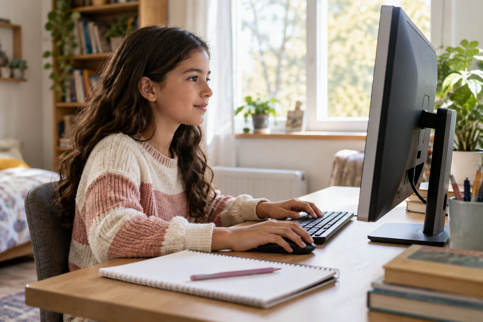 Student learning at a desktop computer at home