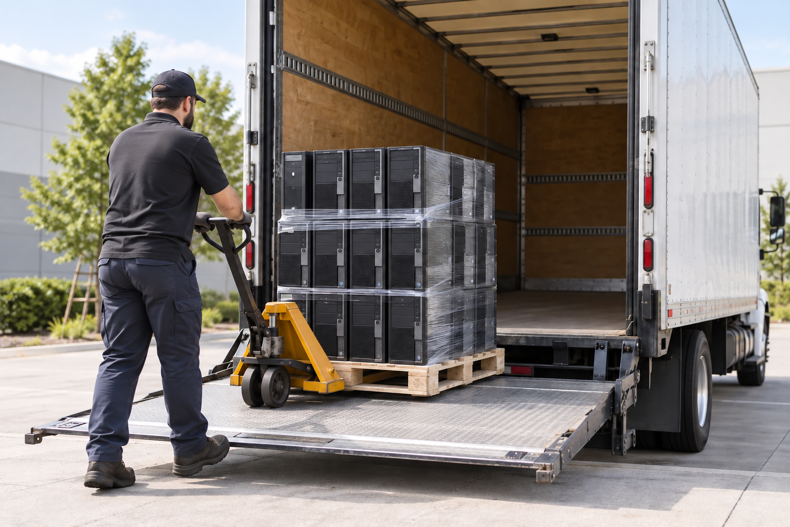 Desktop computers stacked on a pallet being loaded into a box truck