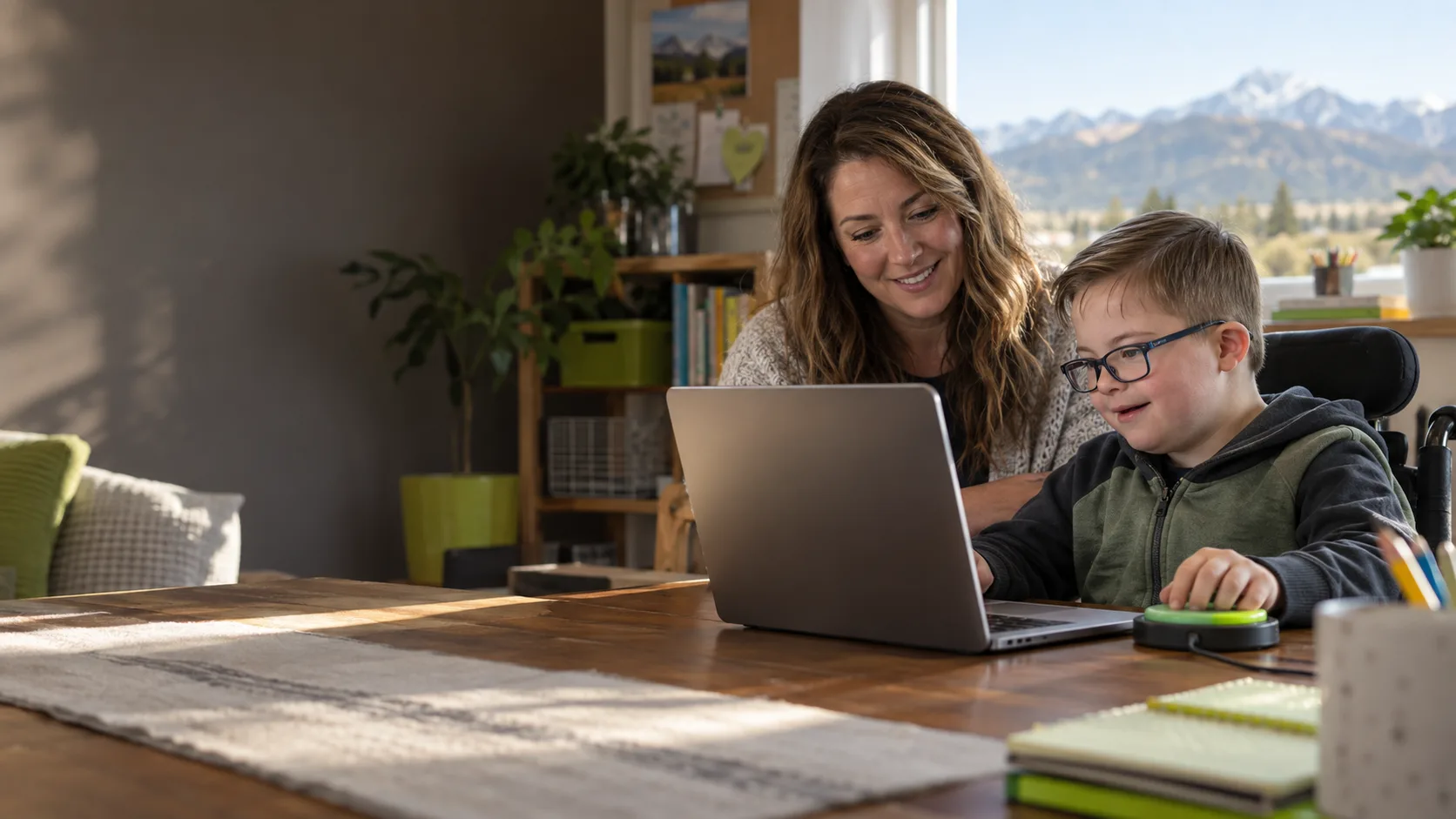 Student using a refurbished laptop with support from an adult