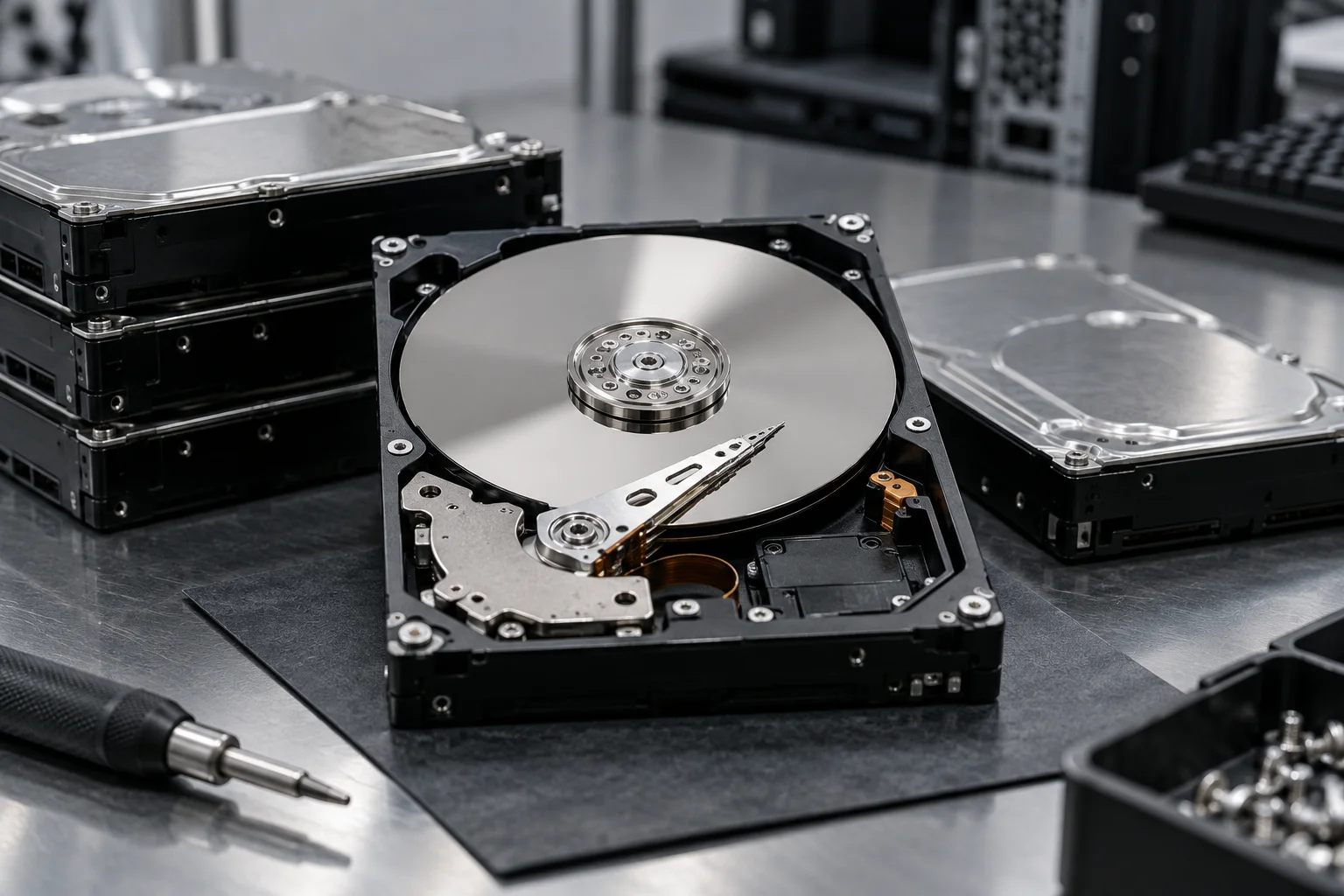 Retired computer hard drives on an antistatic workbench
