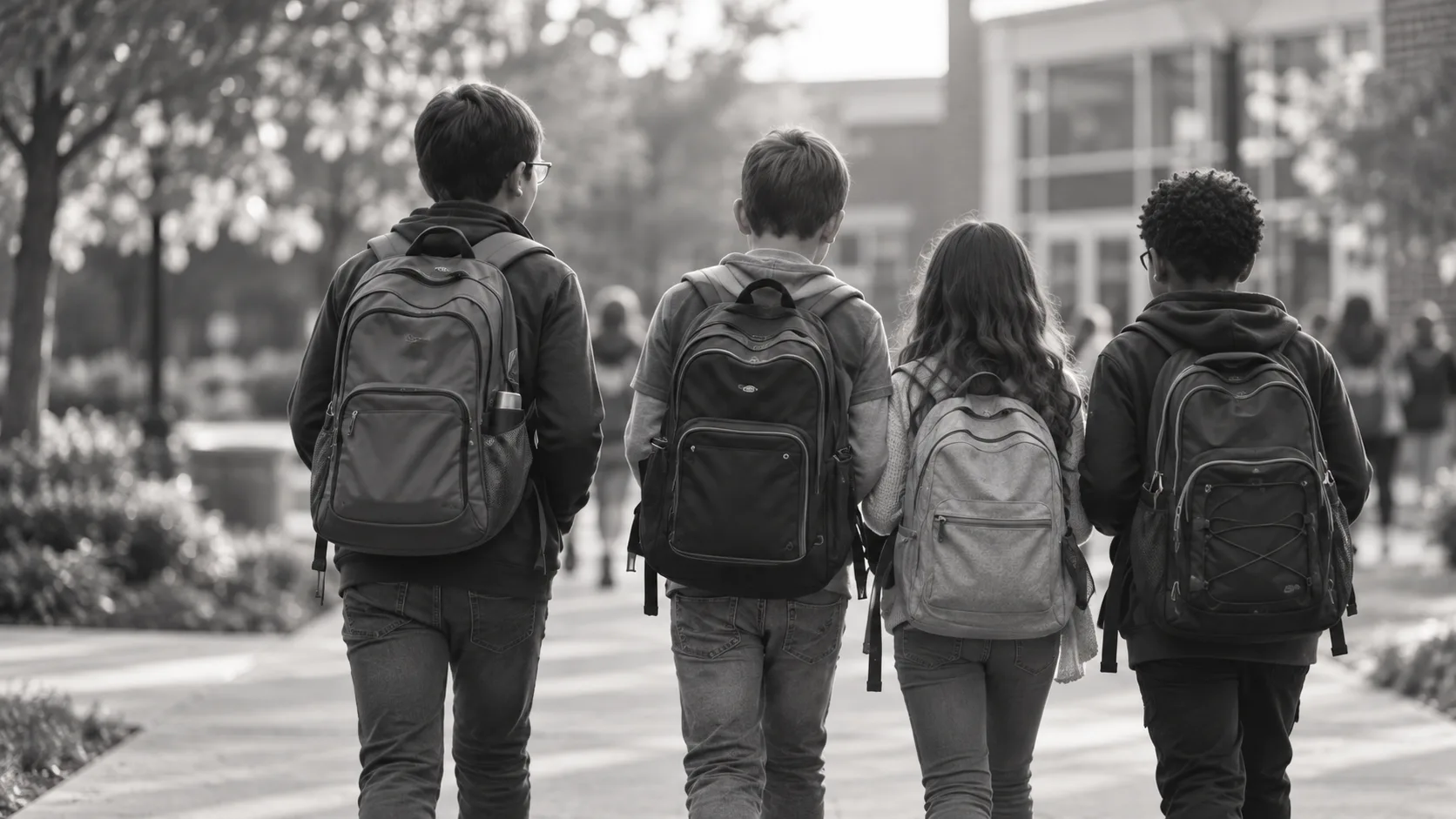 Students walking to school with backpacks